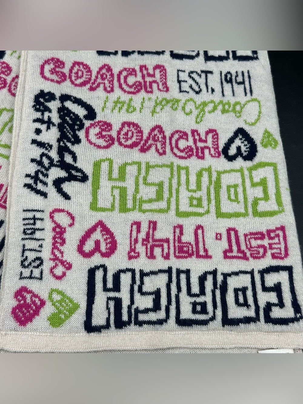 Coach EST 1941 Knit Winter Scarf Pink Green Navy Hearts Logo Womens Wrap - Picture 4 of 6